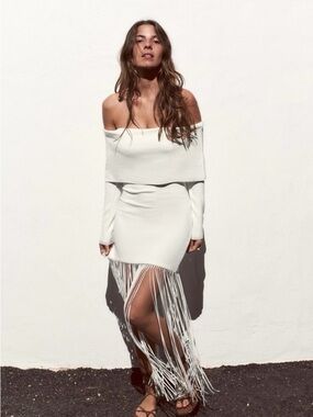 Zara Off-Shoulder Fringe Hem Maxi Dress in Ivory